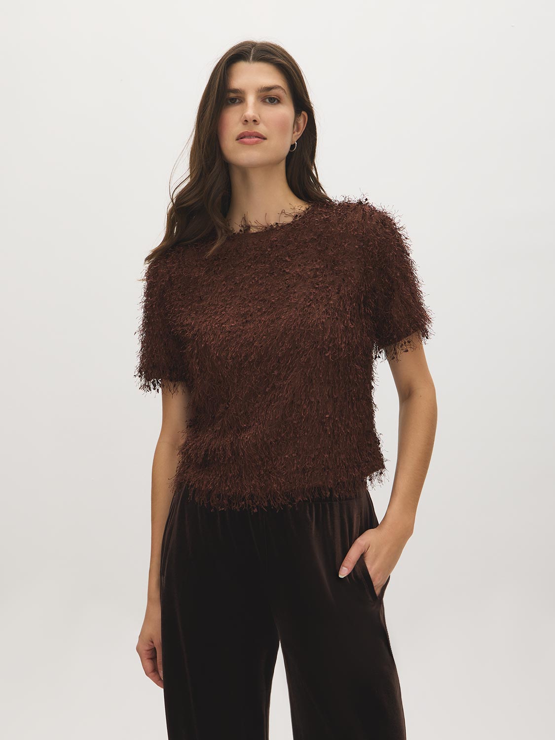 Milk Chocolate Fuzzy Knit Crew Neck Top - Woman Wearing Relaxed Short Sleeve Pullover - Suzy Shier