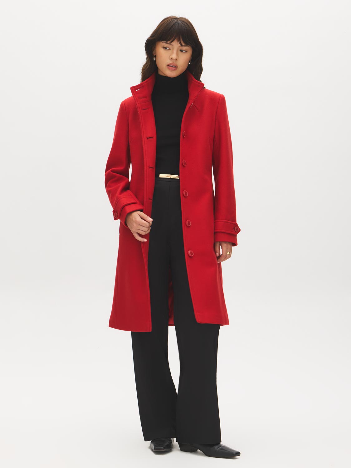 Red Faux Wool Funnel Neck Coat with Wrap Belt - Collar Detail - Suzy Shier