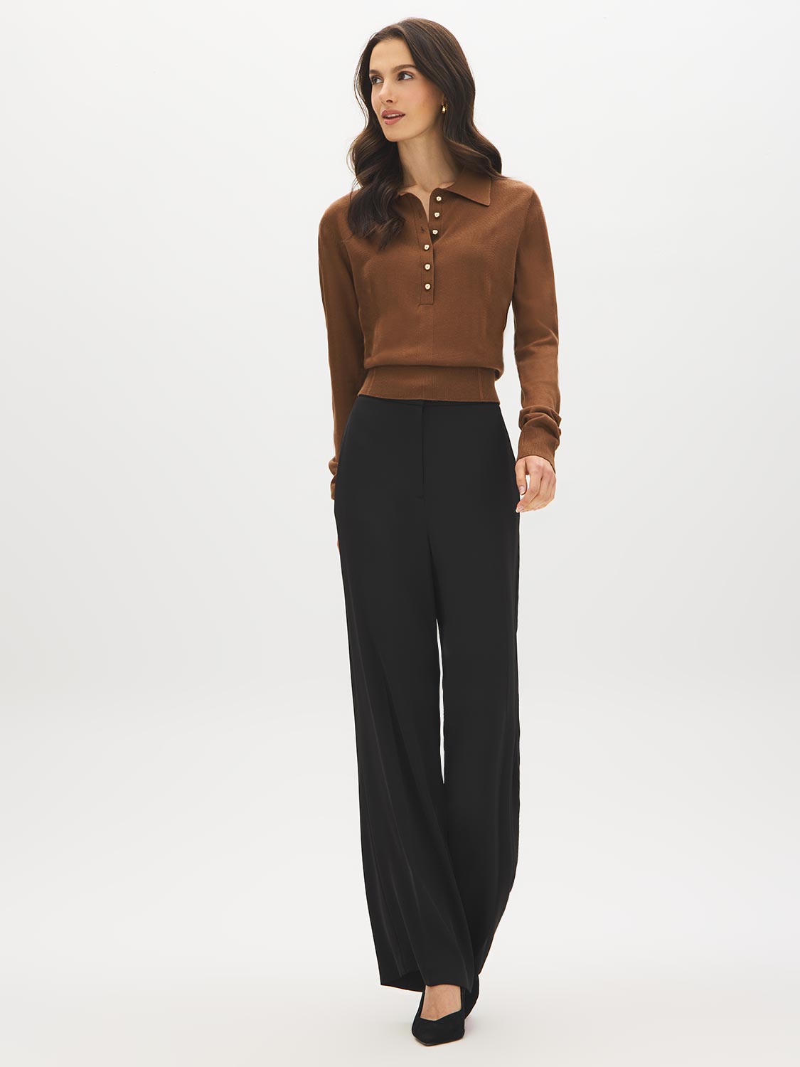 Windchime Pointelle Knit Sweater with Shirt Collar - Front View - Suzy Shier