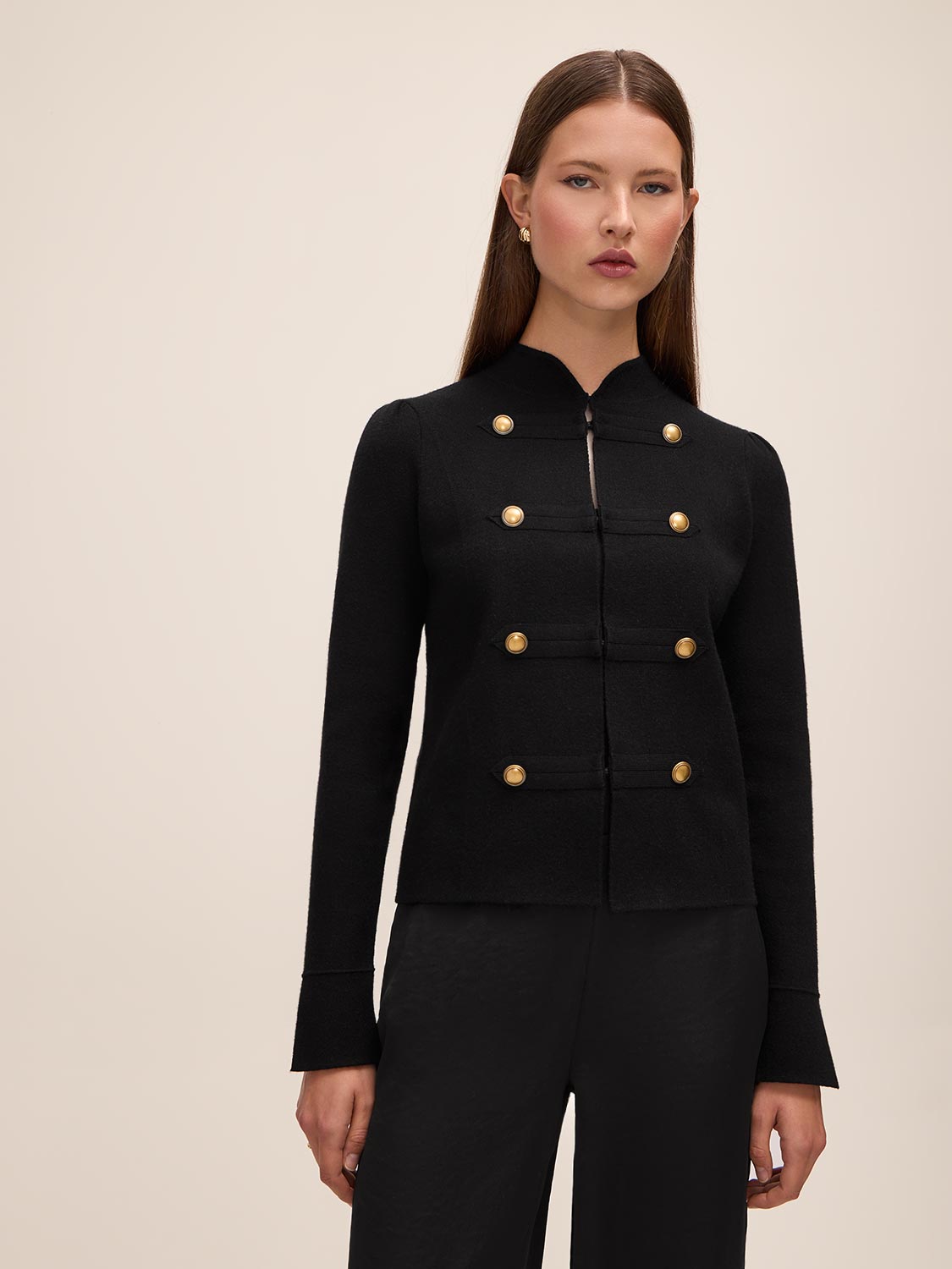 Black Military Style Knit Cardigan - Woman Wearing Structured Knit Cardigan - Le Chateau