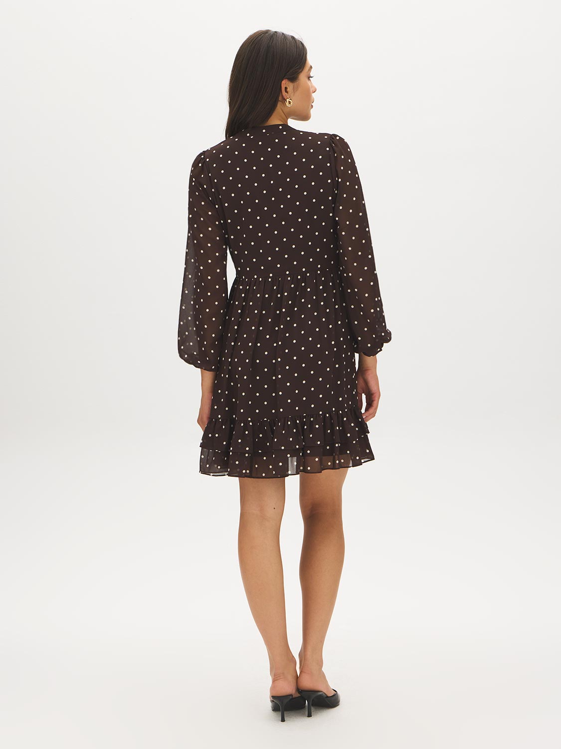 Java Dots Print Mini Dress with Ruffled Hem - Back View - Suzy Shier