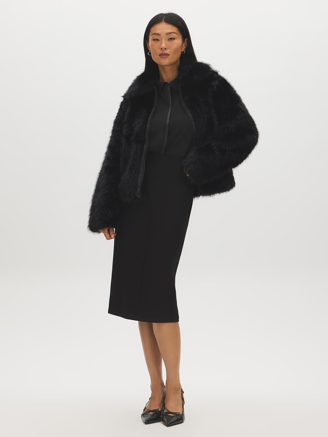 Black Faux Fur Short Jacket with Front Zipper - Front View - Suzy Shier