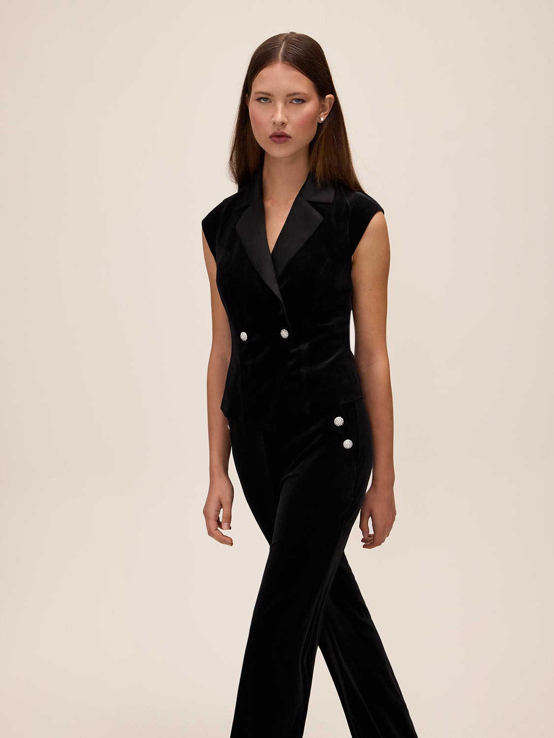Black Tuxedo Velour Vest with Crystal Buttons - Front View - Le Chateau