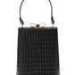 Black/Gold Faux Leather Croc Minaudière with Jewel Bow - Structured Evening Bag with Top Handle - Le Chateau