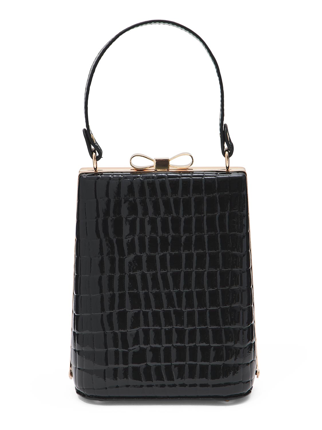Black/Gold Faux Leather Croc Minaudière with Jewel Bow - Structured Evening Bag with Top Handle - Le Chateau