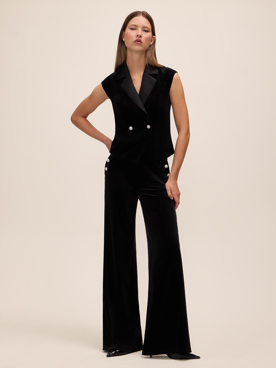 Black Tuxedo Velour Vest with Crystal Buttons - Full Outfit View - Le Chateau