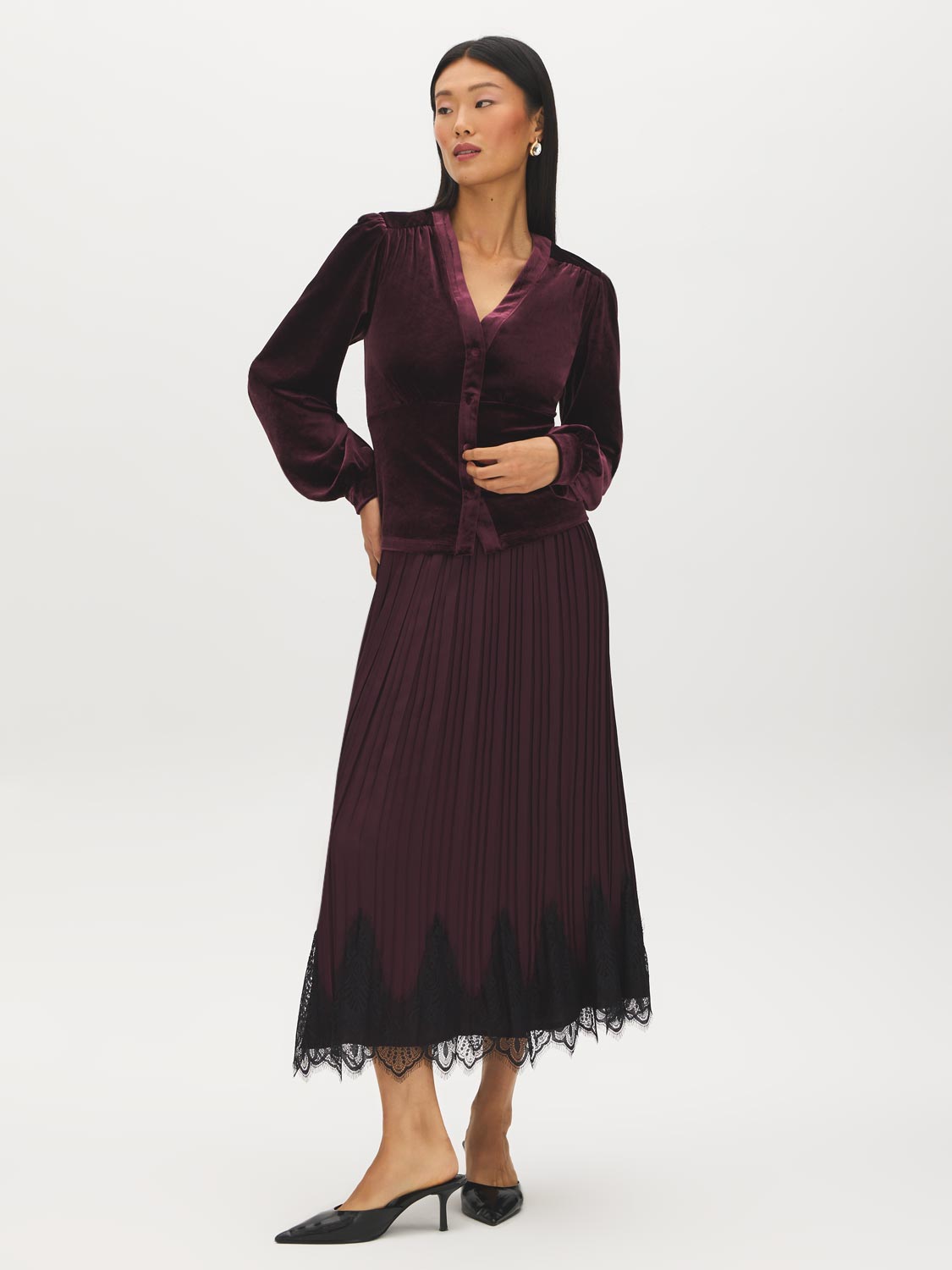 Midnight Plum Velour V-Neck Empire Blouse - Front View - Suzy Shier