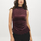Dark Raisin Velvet Funnel Neck Top with Crochet Hem - Woman Wearing Short Sleeve Velvet Blouse - Suzy Shier
