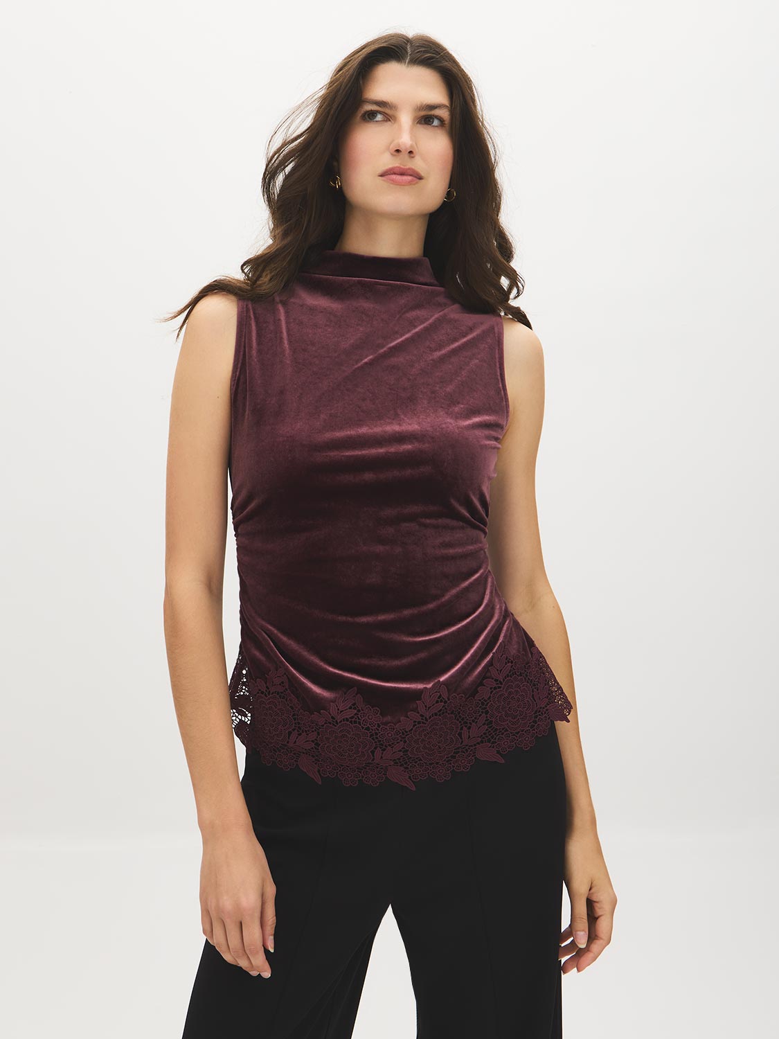 Dark Raisin Velvet Funnel Neck Top with Crochet Hem - Woman Wearing Short Sleeve Velvet Blouse - Suzy Shier