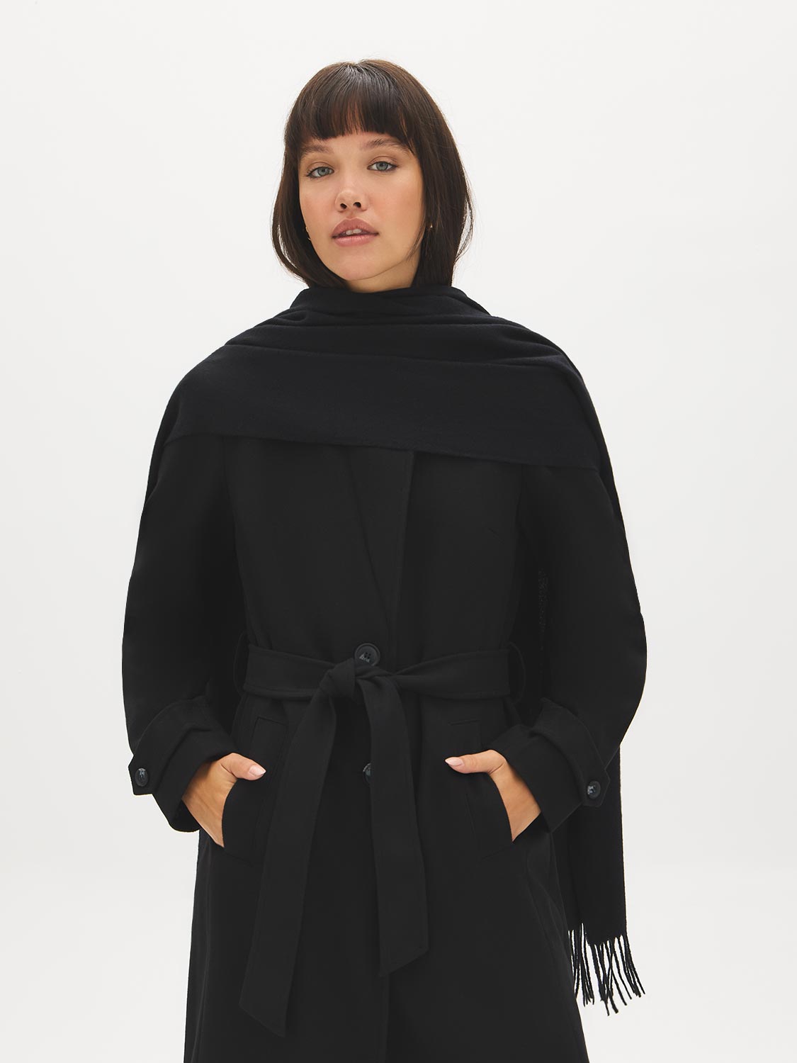 Black Melange Soft Brushed Scarf with Fringes - Front View - Suzy Shier