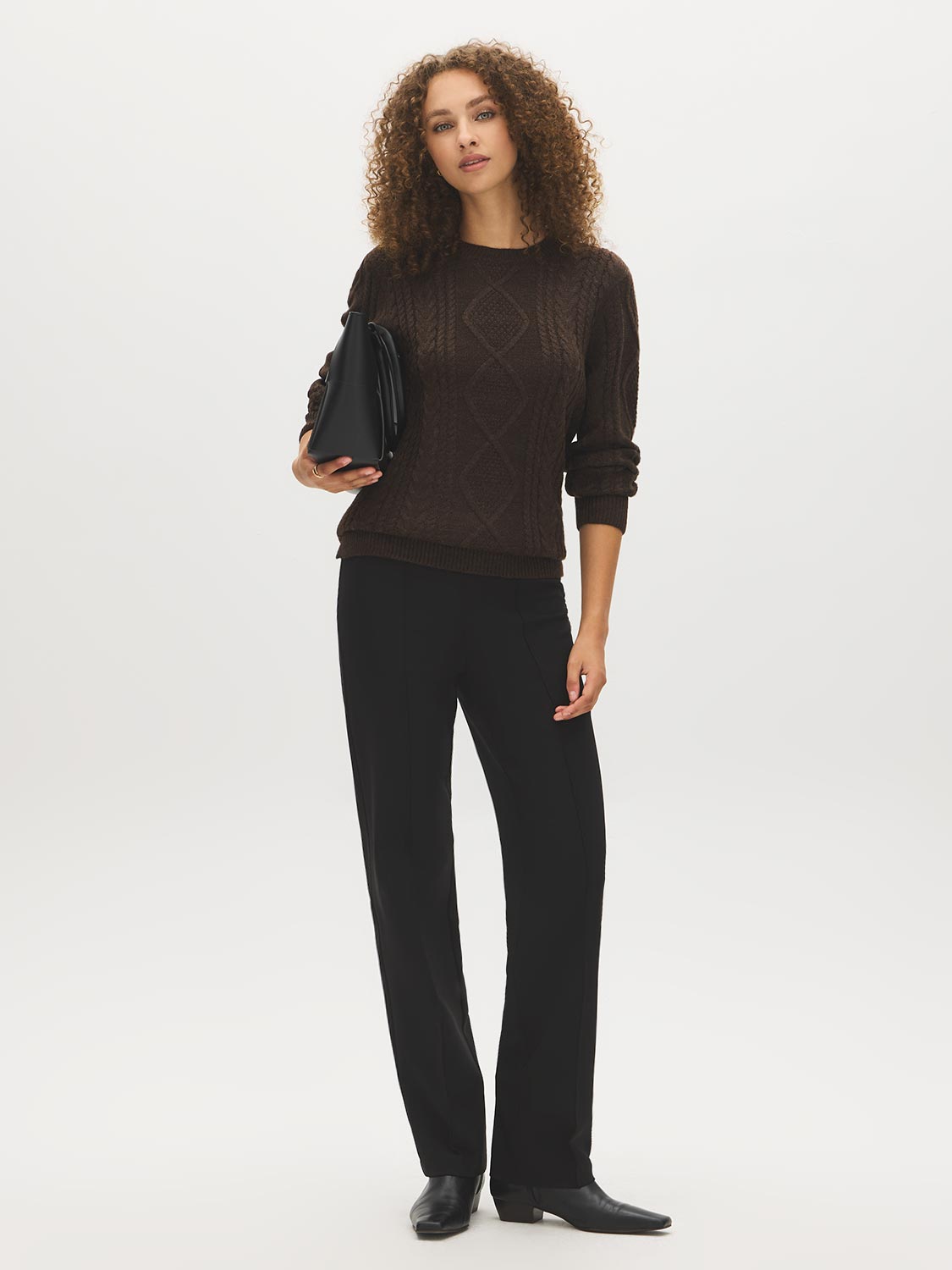 Bark Melange Cable Knit Sweater with Side Slits - Front View - Suzy Shier