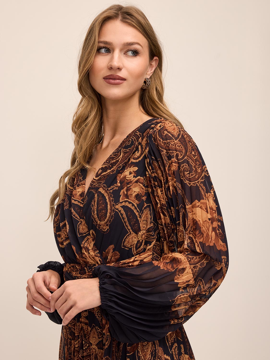 Dijon/Black Paisley Crossover Midi Dress - Side Profile View - Le Chateau