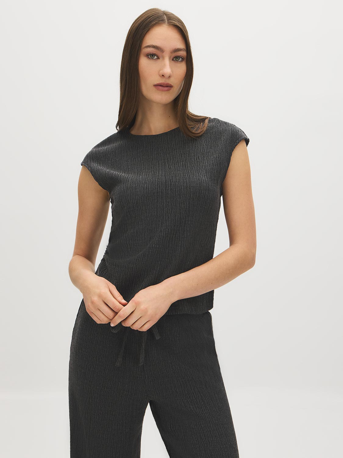 Charcoal Textured Asymmetrical Dolman Sleeve Top - Woman Wearing Crew Neck Ruched Top - Suzy Shier