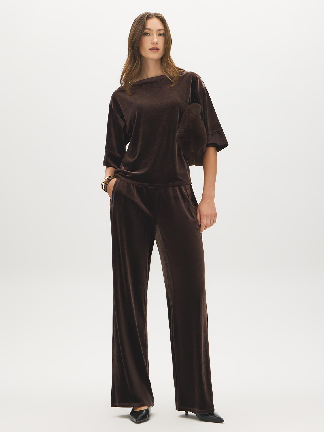 Coffee Bean Knit Velvet Wide-Leg Pull-On Pants - Woman Wearing Relaxed Fit Lounge Pants - Suzy Shier