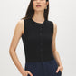 Black Sleeveless Ribbed Knit Sweater with Faux Button Placket - Woman Wearing Simple Knit Top - Suzy Shier