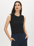 Black Sleeveless Ribbed Knit Sweater with Faux Button Placket - Woman Wearing Simple Knit Top - Suzy Shier