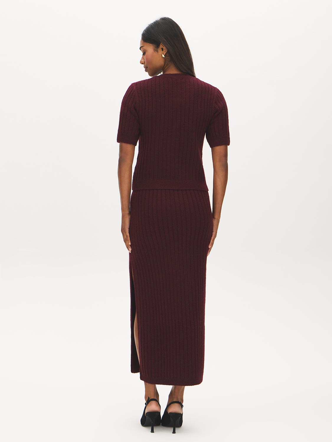 Bruised Burgundy Ribbed Button-Front Cardigan - Back View - Suzy Shier
