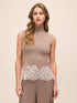 Oatmeal Lace Trim Mock Neck Sleeveless Sweater - Woman Wearing Knit Top with Delicate Neckline Detail - Le Chateau