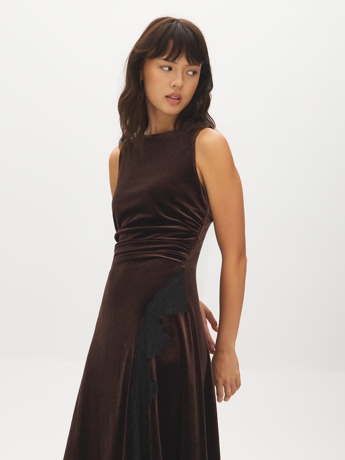 Milk Chocolate Velour Midi Dress with Lace Trim - Front View - Suzy Shier