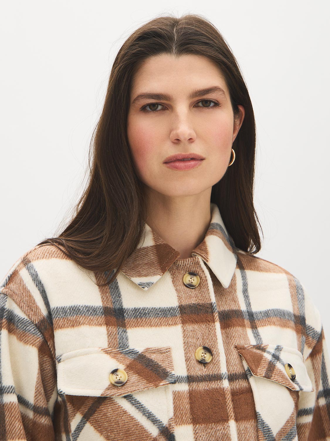 Khaki Plaid Shacket with Front Pockets - Collar Detail - Suzy Shier