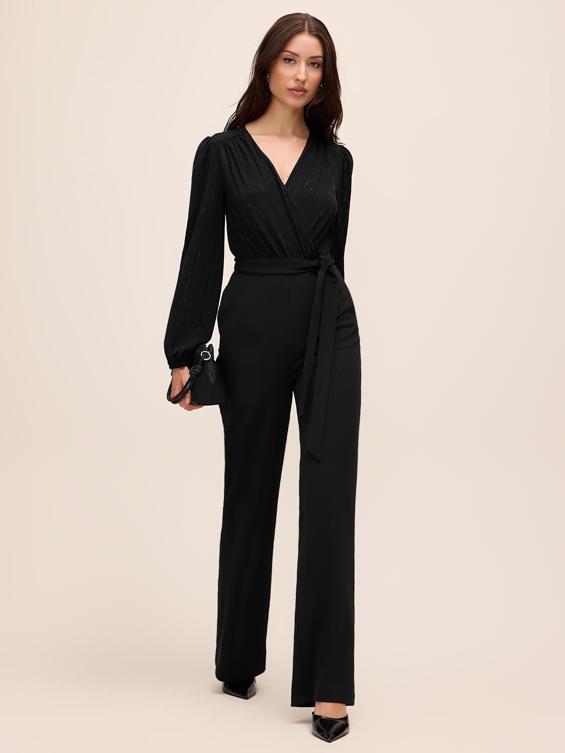 Black Crossover Neck Knit Jumpsuit - Front View - Le Chateau