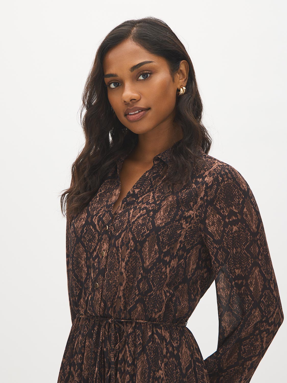 Black Bean Snake Print Chiffon Dress - Front View - Suzy Shier