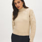 Beige Floral Embroidered Mock Neck Sweater - Woman Wearing Long Sleeve Knit Top - Suzy Shier