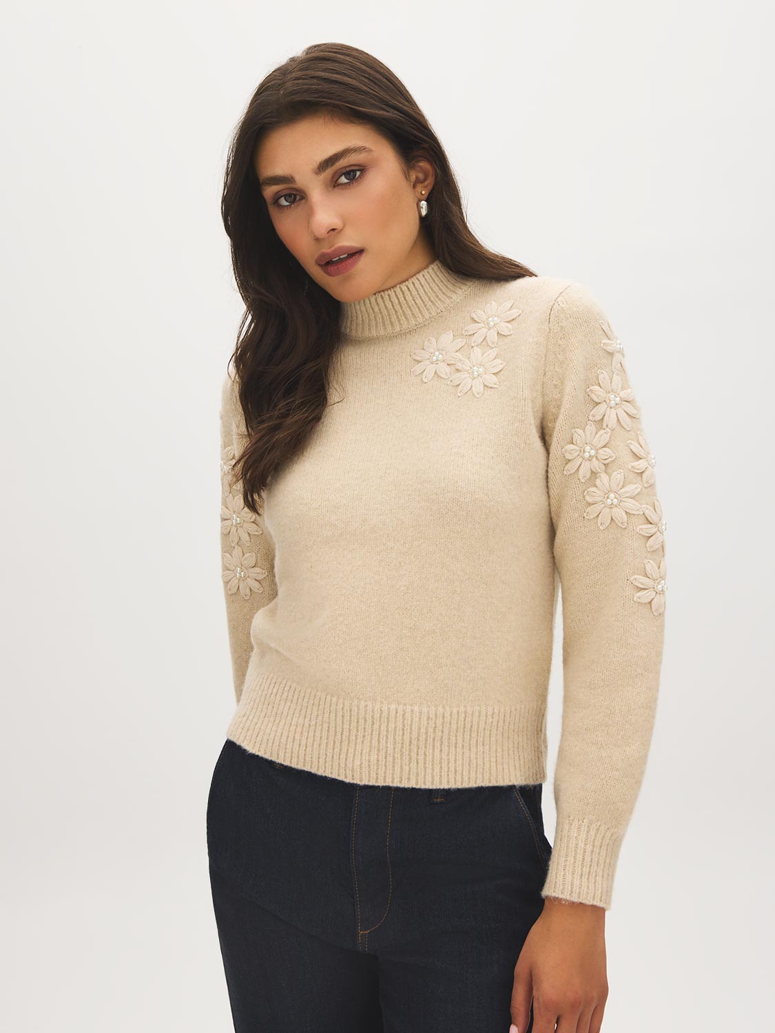 Beige Floral Embroidered Mock Neck Sweater - Woman Wearing Long Sleeve Knit Top - Suzy Shier