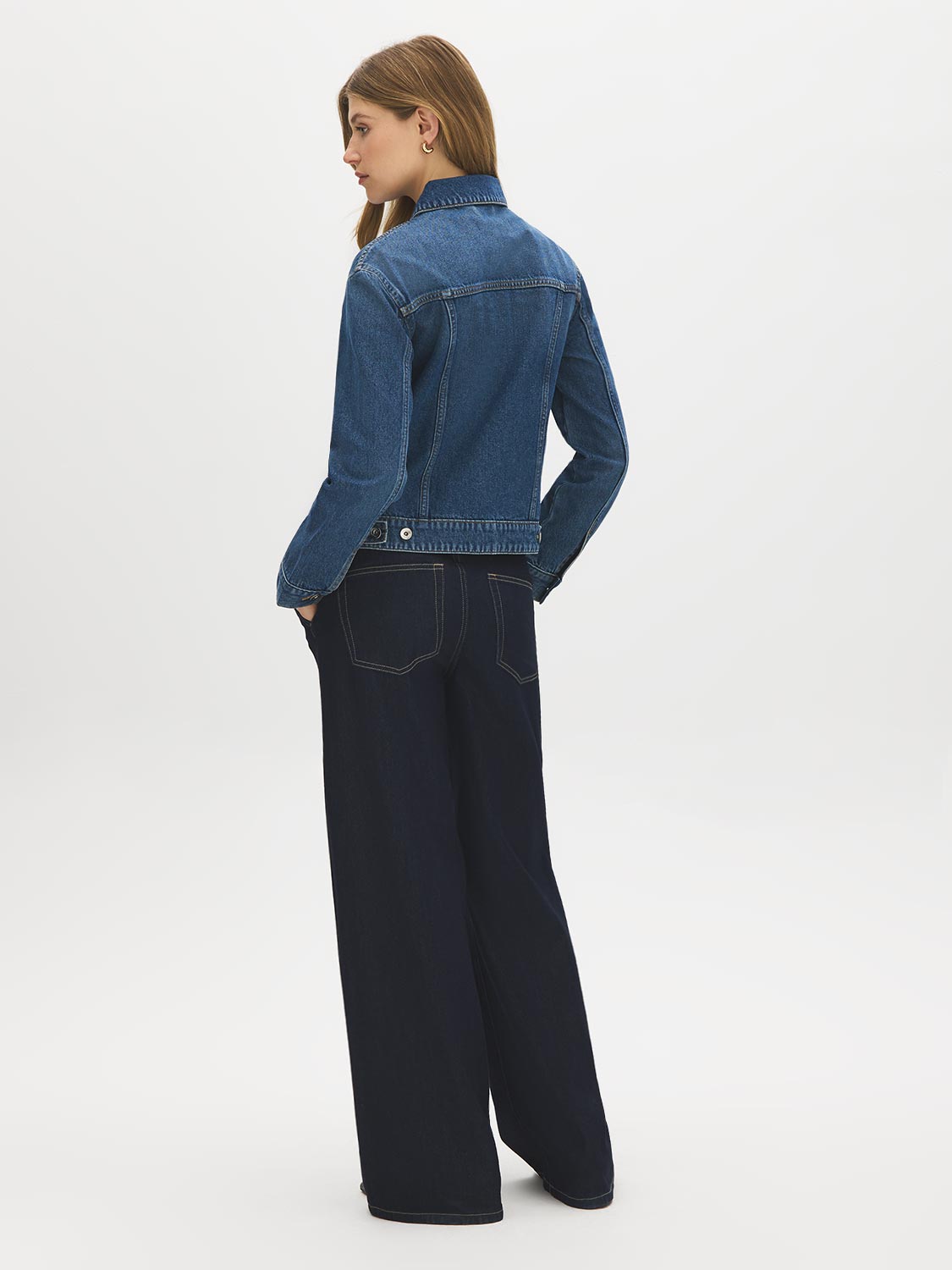Dark Wash Drop Shoulder Denim Jacket - Back View - Suzy Shier