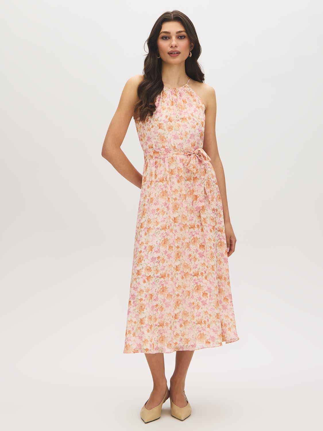 Peach Dust Floral Print Halter Midi Dress - Woman Wearing Fit-and-Flare Chiffon Dress - Suzy Shier