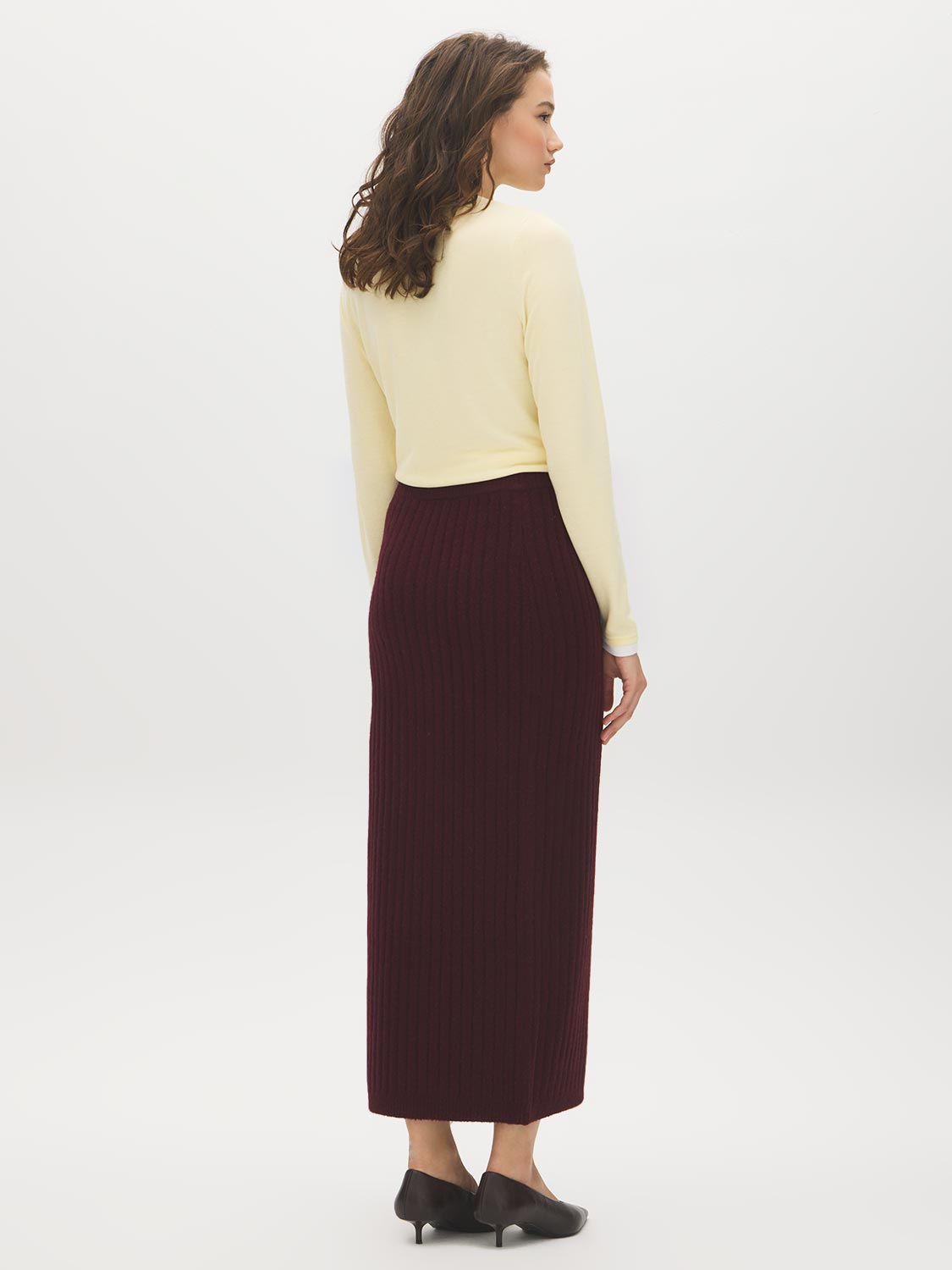 Bruised Burgundy Melange Ribbed Knit Sweater Skirt with Side Slit - Back View - Suzy Shier