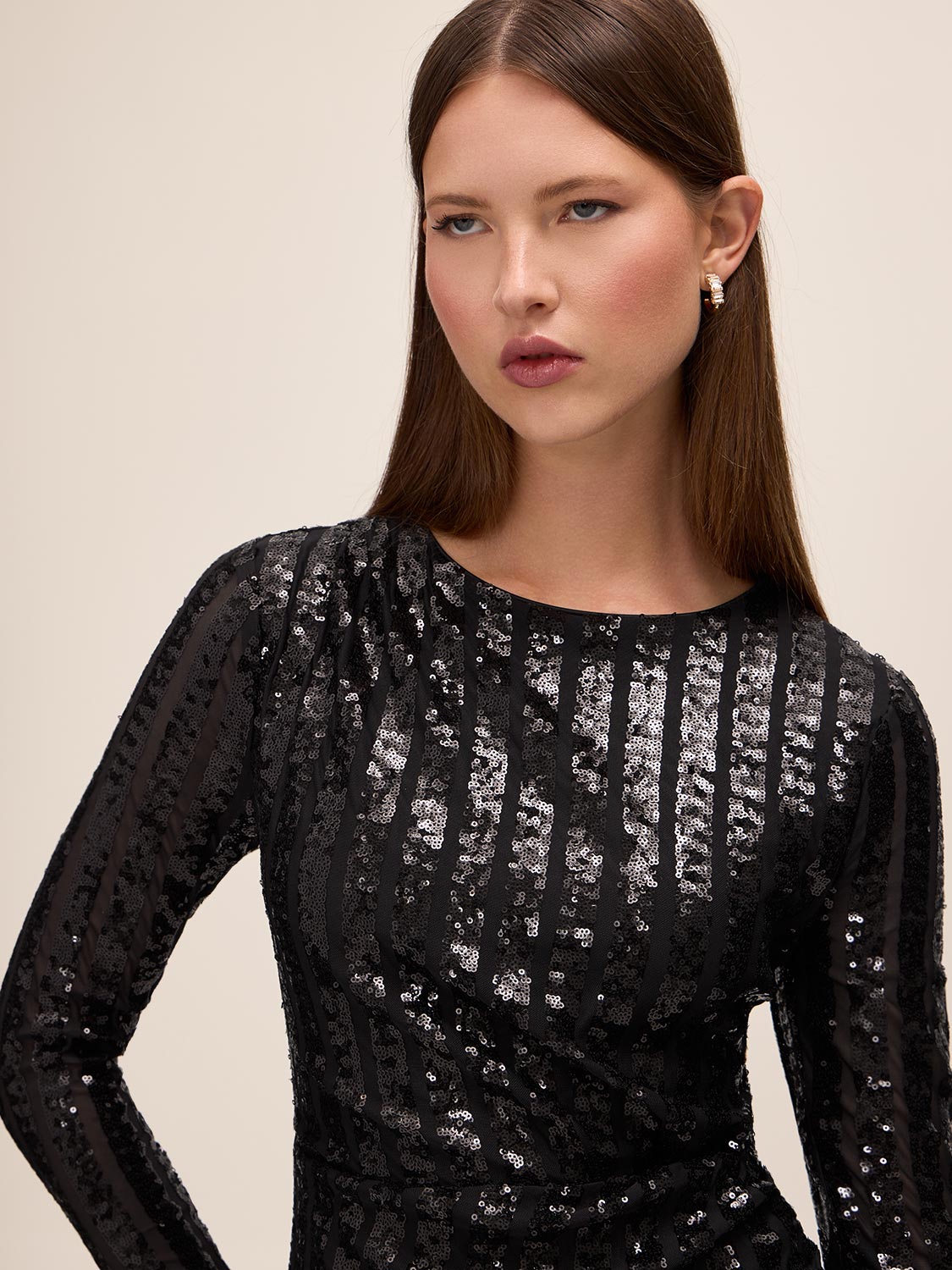 Black Sequin Stripe Scoop Neck Dress - Close-up Fabric Detail - Le Chateau