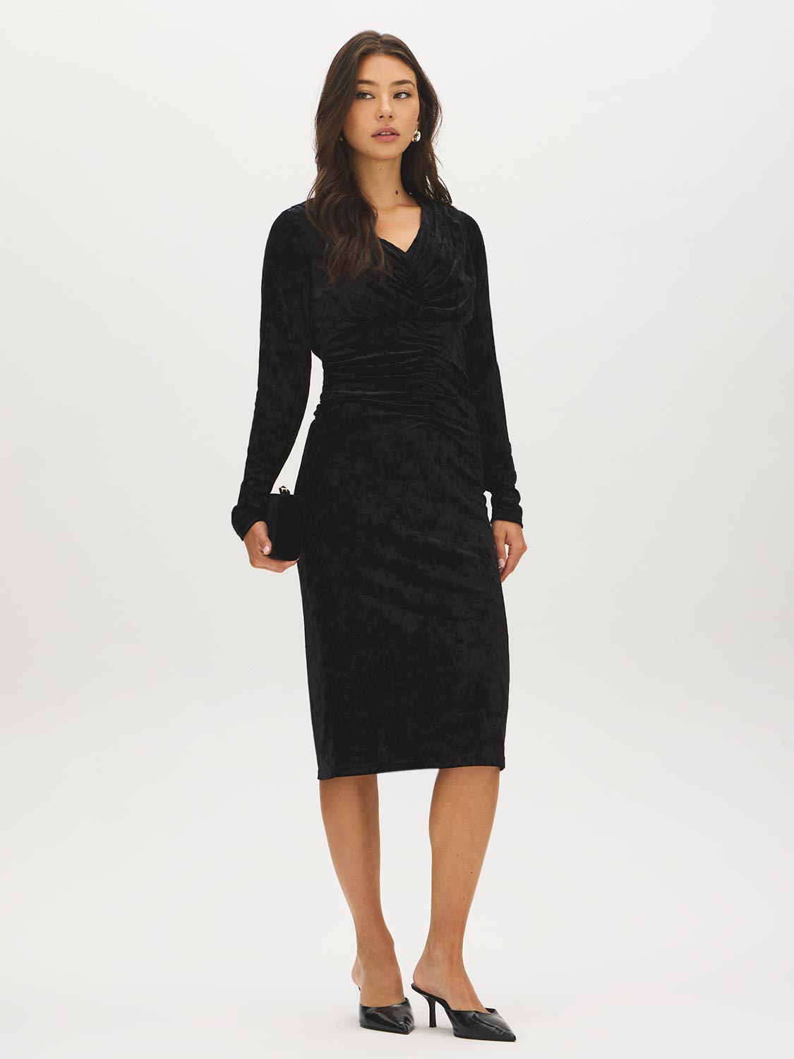 Black Crushed Velvet Dress with Front Gathering - Full Front View - Suzy Shier