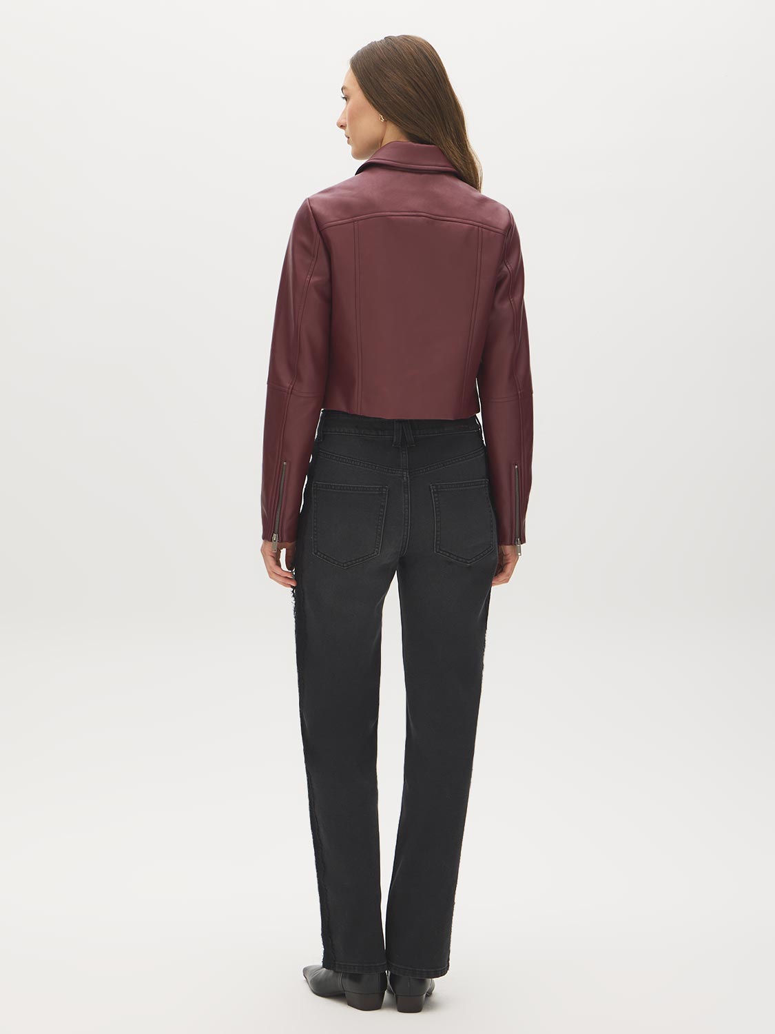 Merlot Vegan Leather Shorts with Front Zipper - Back View - Suzy Shier