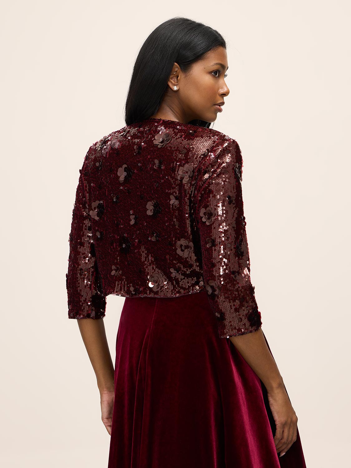Burgundy 3D Sequin Floral Long Sleeve Bolero - Back View - Le Chateau