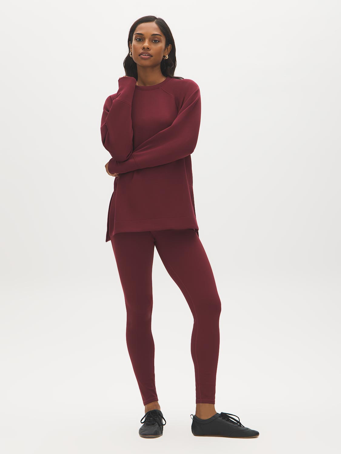 Wine Cloud Fleece Tunic with Raglan Sleeves - Woman Wearing Long Sleeve Crew Neck Top - Suzy Shier