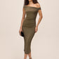 Bronze/Black Lurex Knit Asymmetric Neckline Sheath Dress - Woman Wearing Ruched Evening Dress - Le Chateau