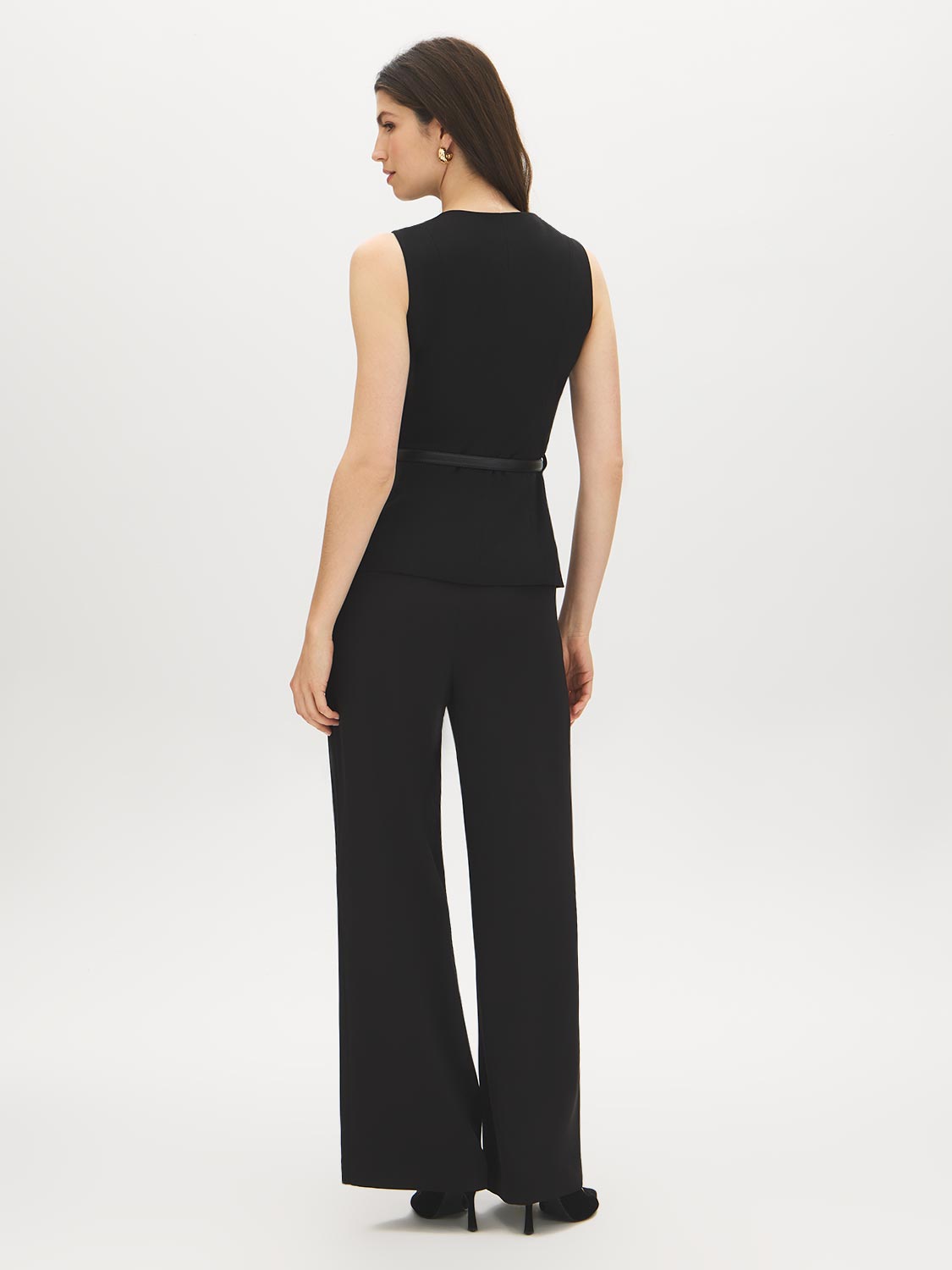 Black Button-Front Belted Knit Vest - Back View - Suzy Shier