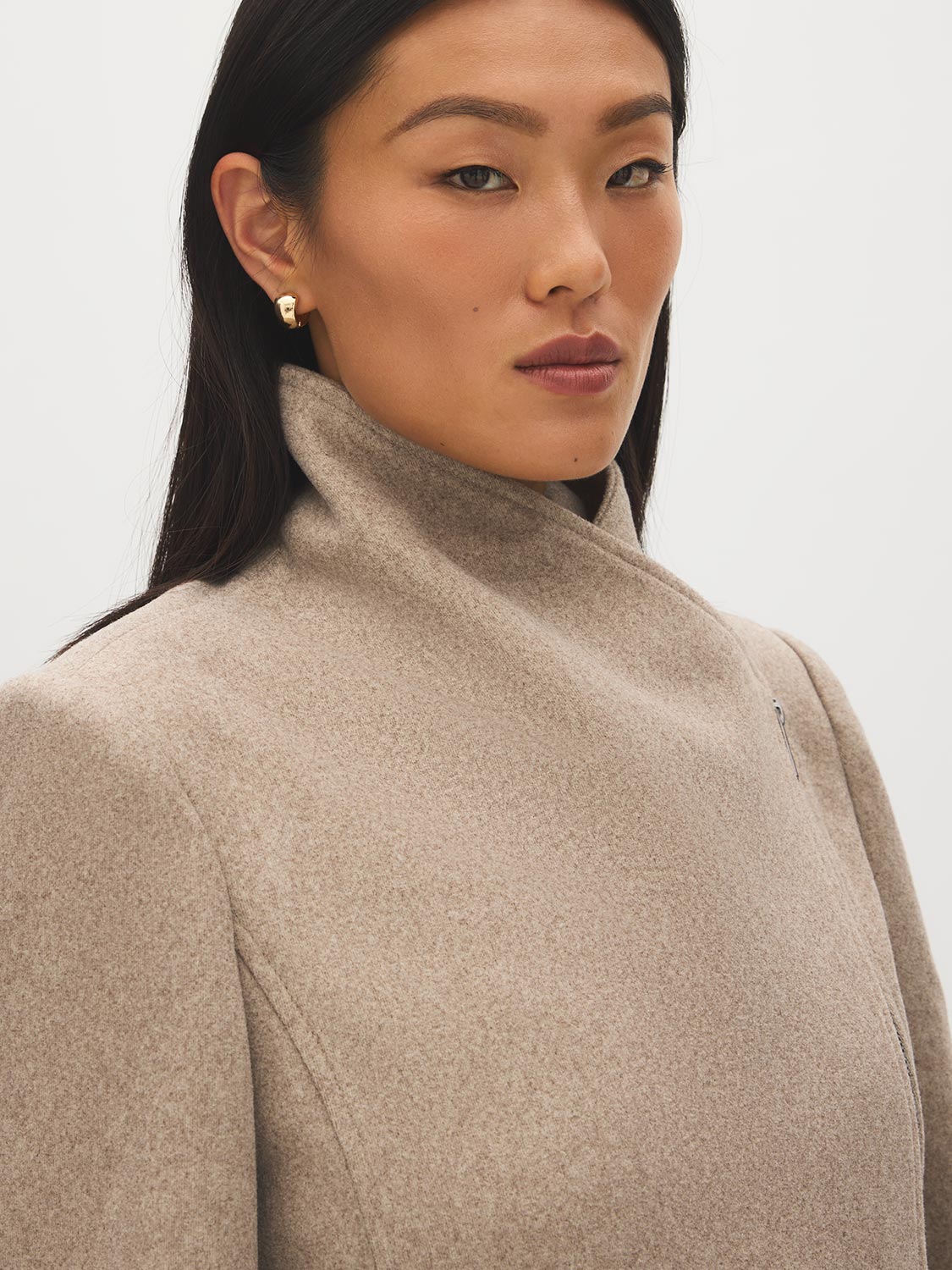 Taupe Melange Asymmetrical Zip Faux Wool Coat - Close-up Side View - Suzy Shier