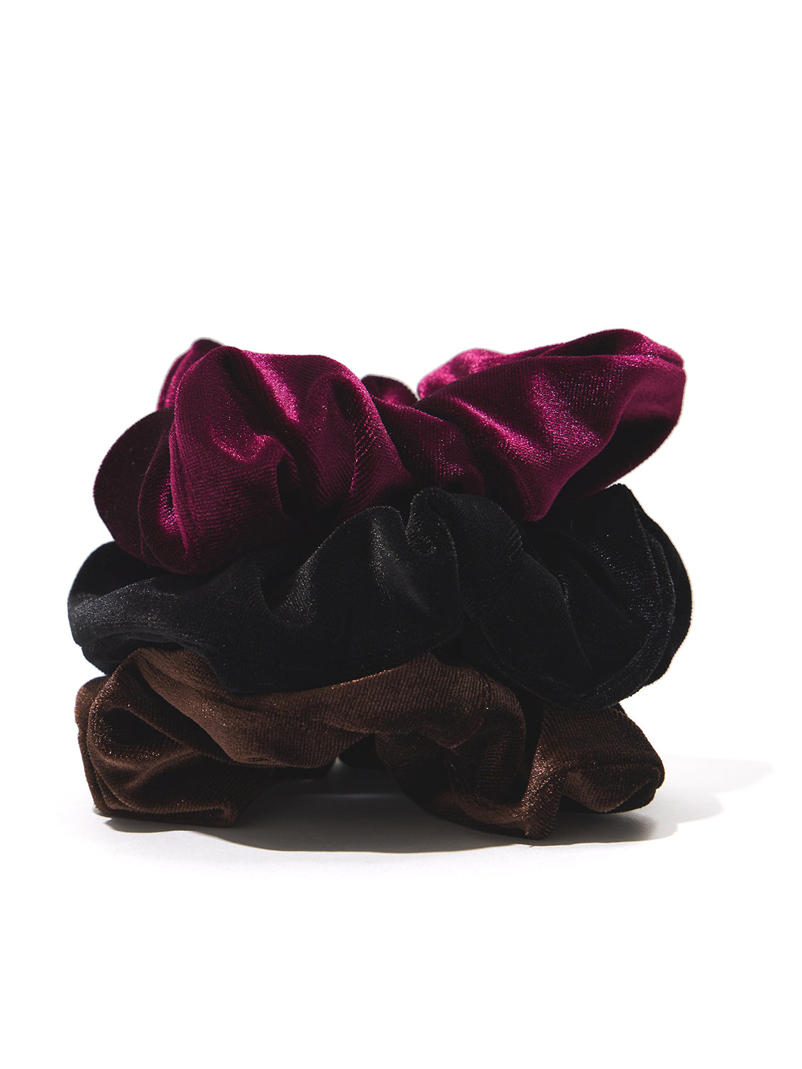 Multi-Color Velour Scrunchies Set - Black, Burgundy, Brown - Suzy Shier
