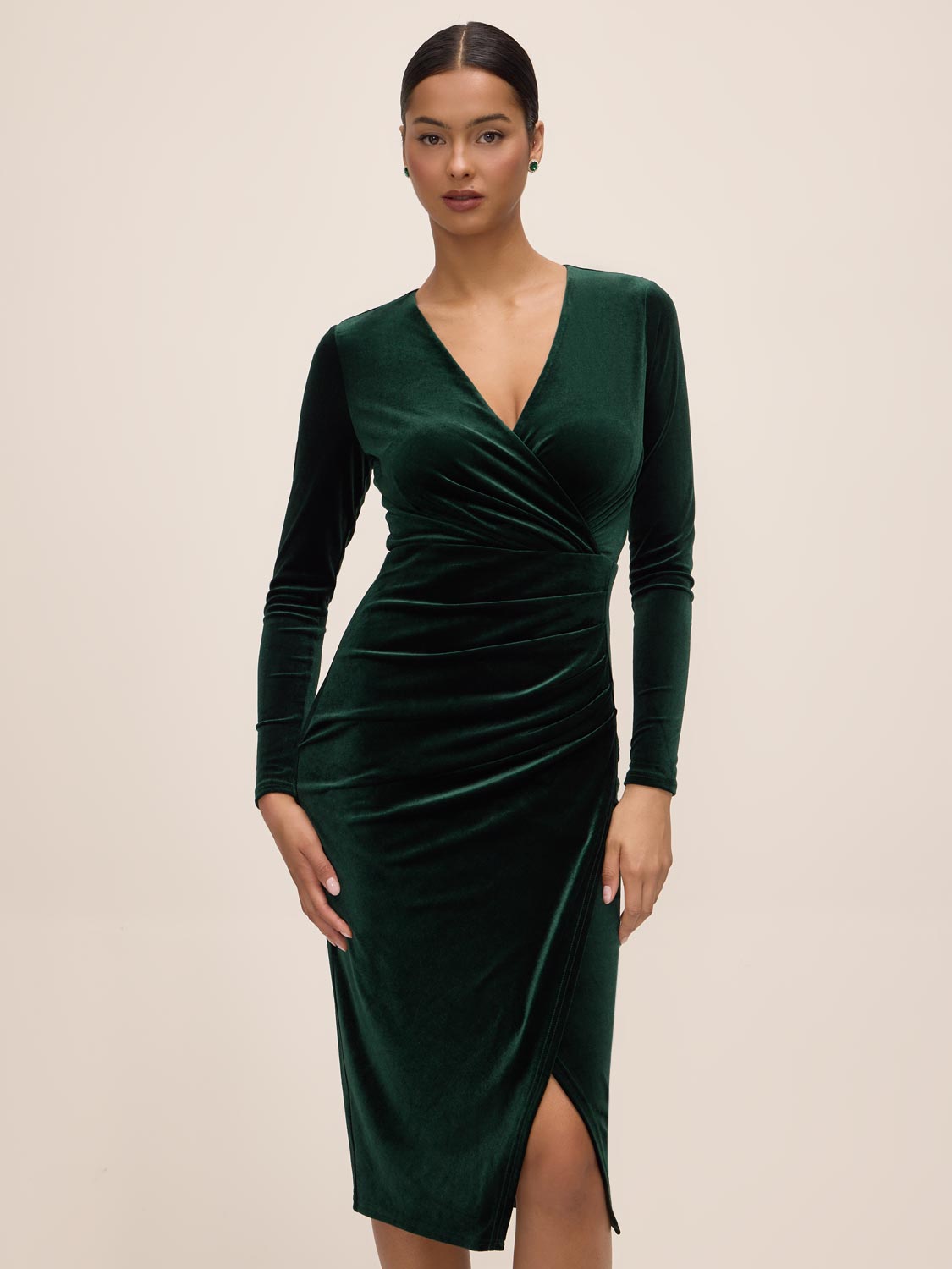Dark Emerald Velour Crossover Sheath Dress - Front View - Le Chateau