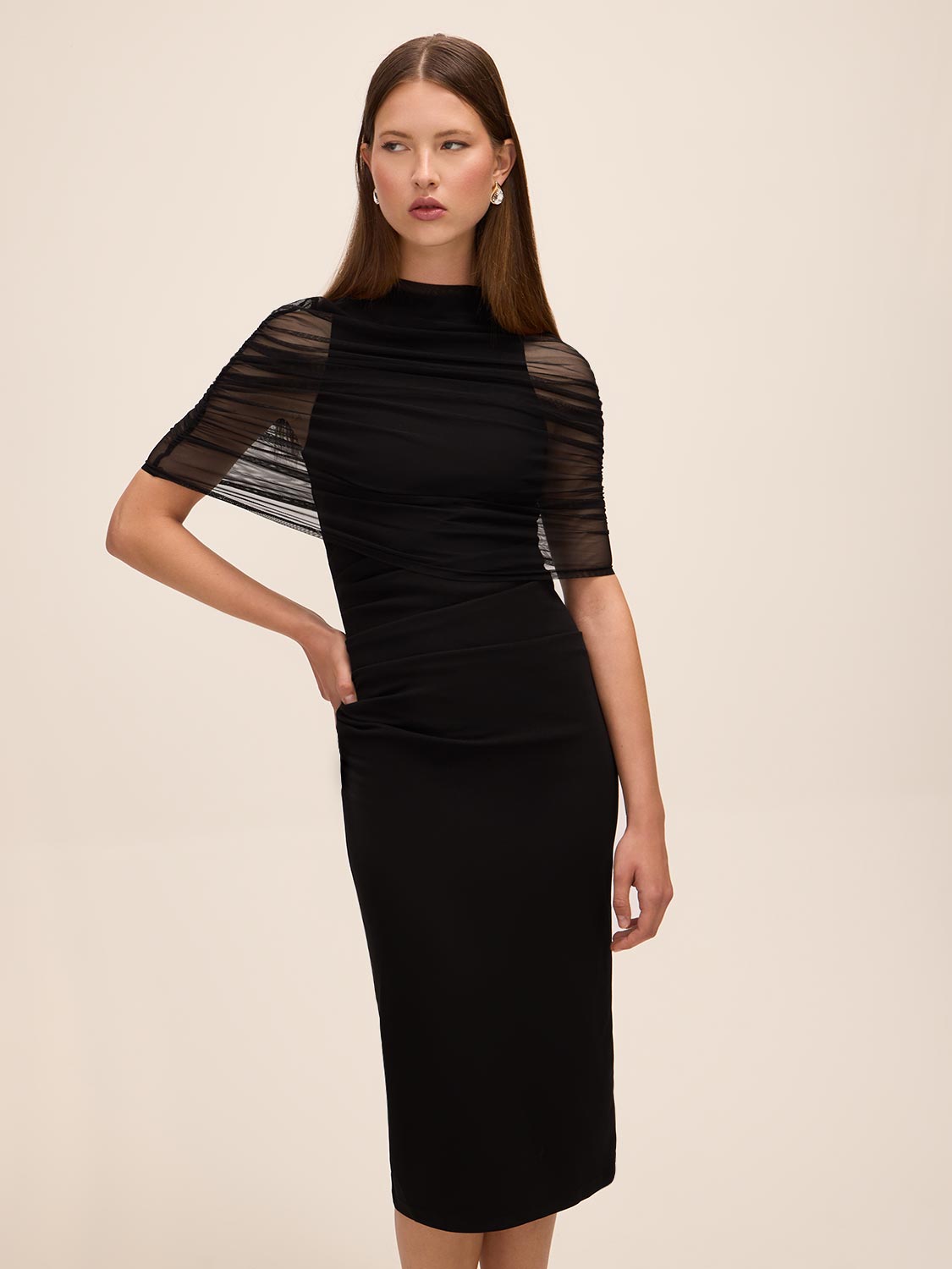 Black Knit Crepe Sheath Dress with Mesh Cape Overlay - Side Profile View - Le Chateau