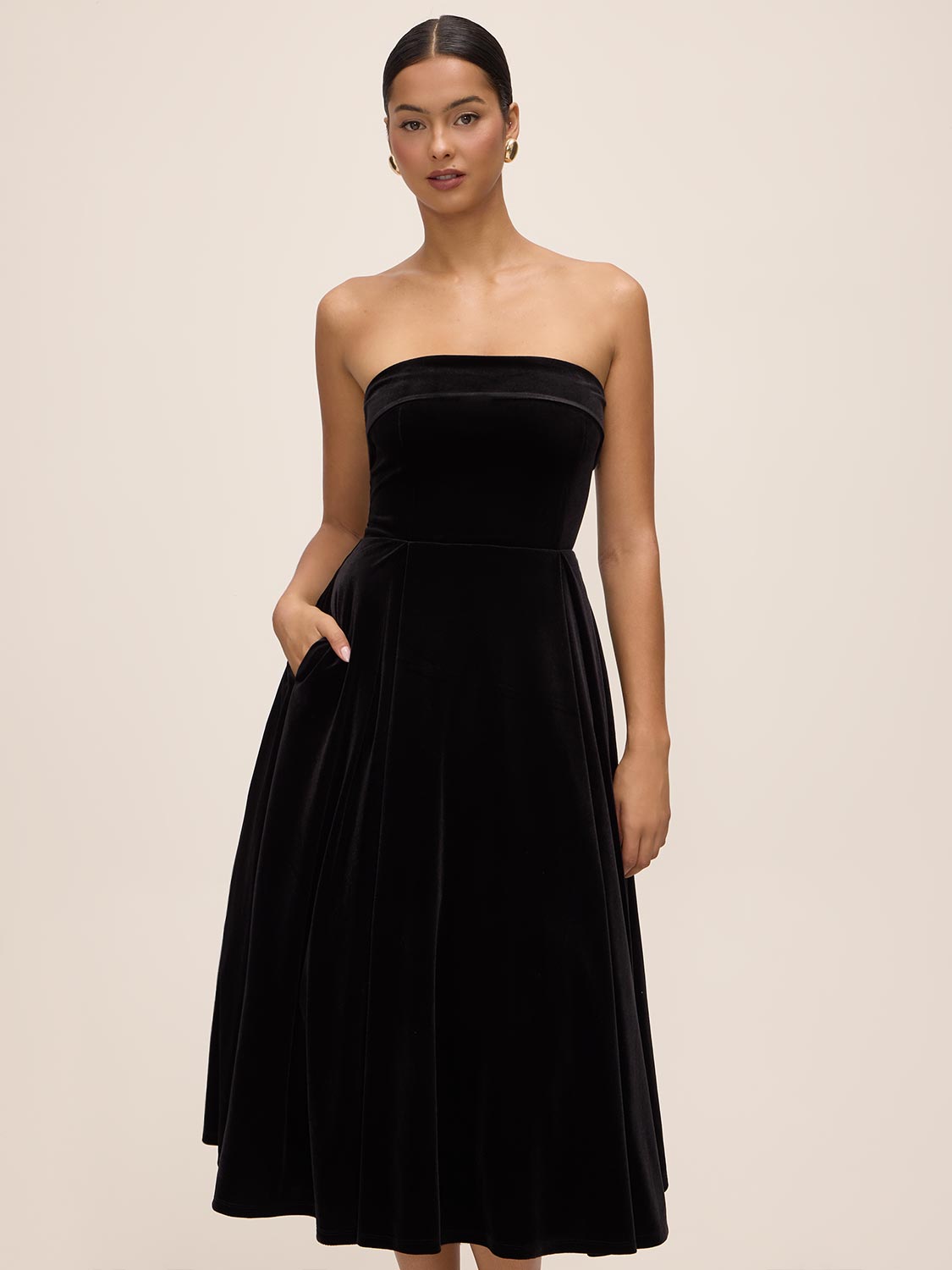 Black Velour Strapless Fit & Flare Dress - Pocket Detail - Le Chateau