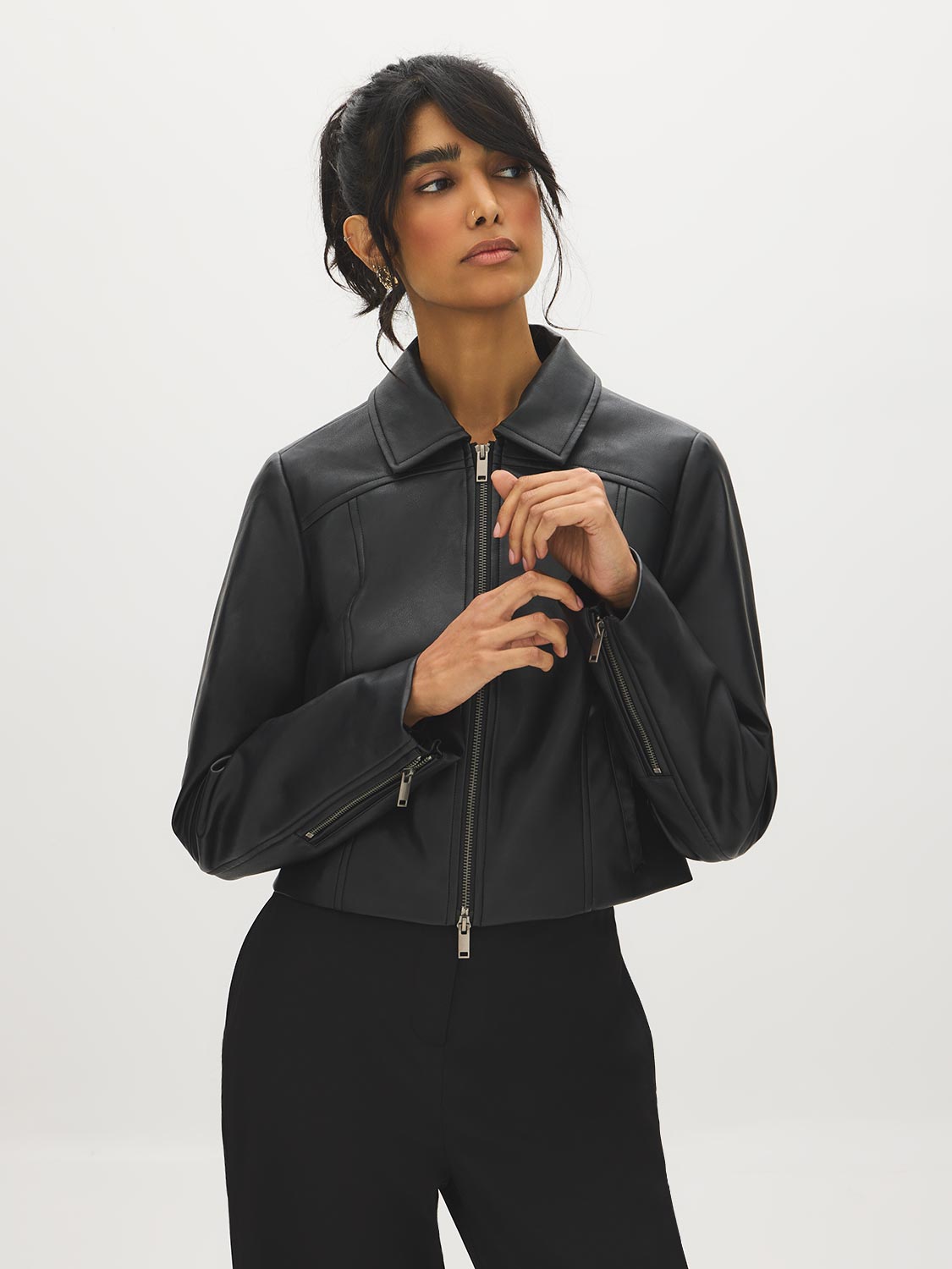 Black Vegan Leather Shorts with Front Zipper - Front View - Suzy Shier