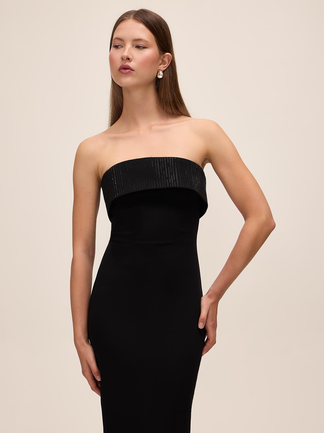 Black Knit Crepe Midi Sheath Dress - Front View - Le Chateau