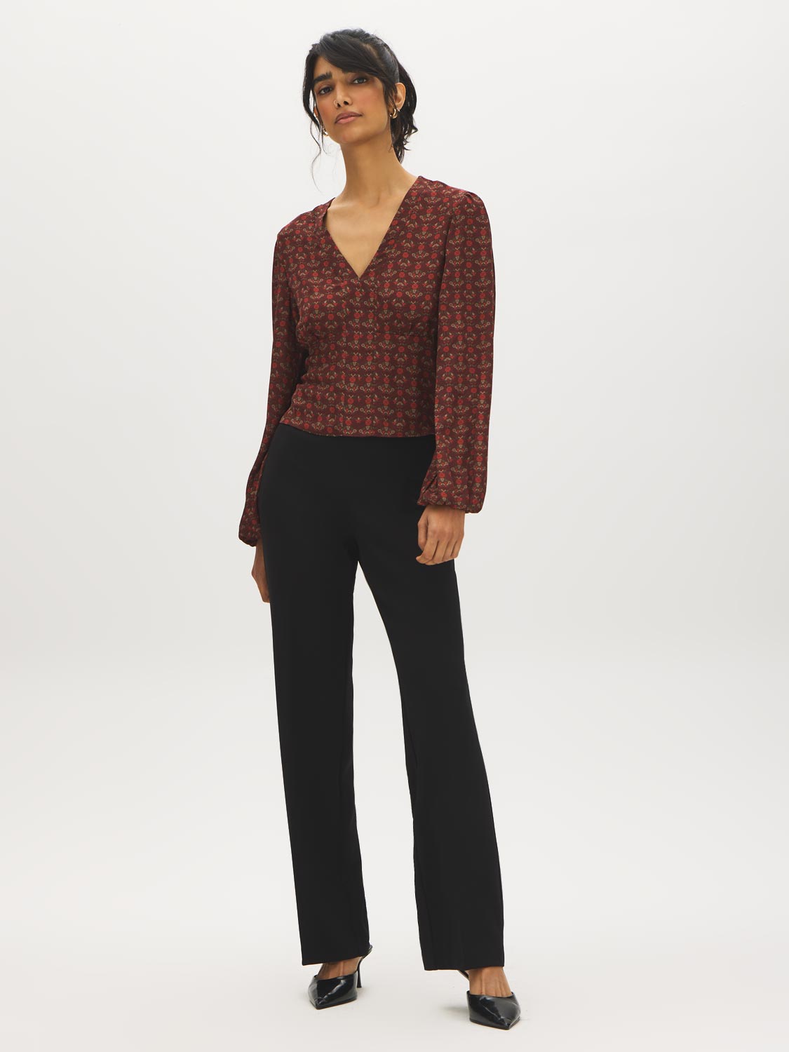 Coffee Bean Multi V-Neck Empire Cut Blouse - Front View - Suzy Shier