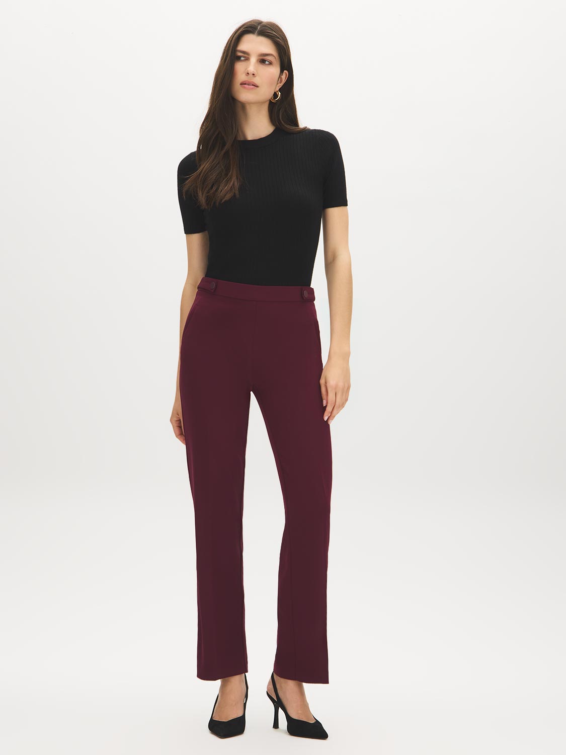 Scarab Pull-On Straight Leg Pant with Waist Tabs - Full Body View - Suzy Shier