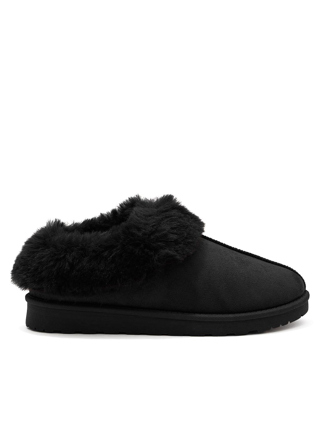 Black Faux Suede Slippers with Faux Fur Insole - Cozy Indoor Footwear - Suzy Shier