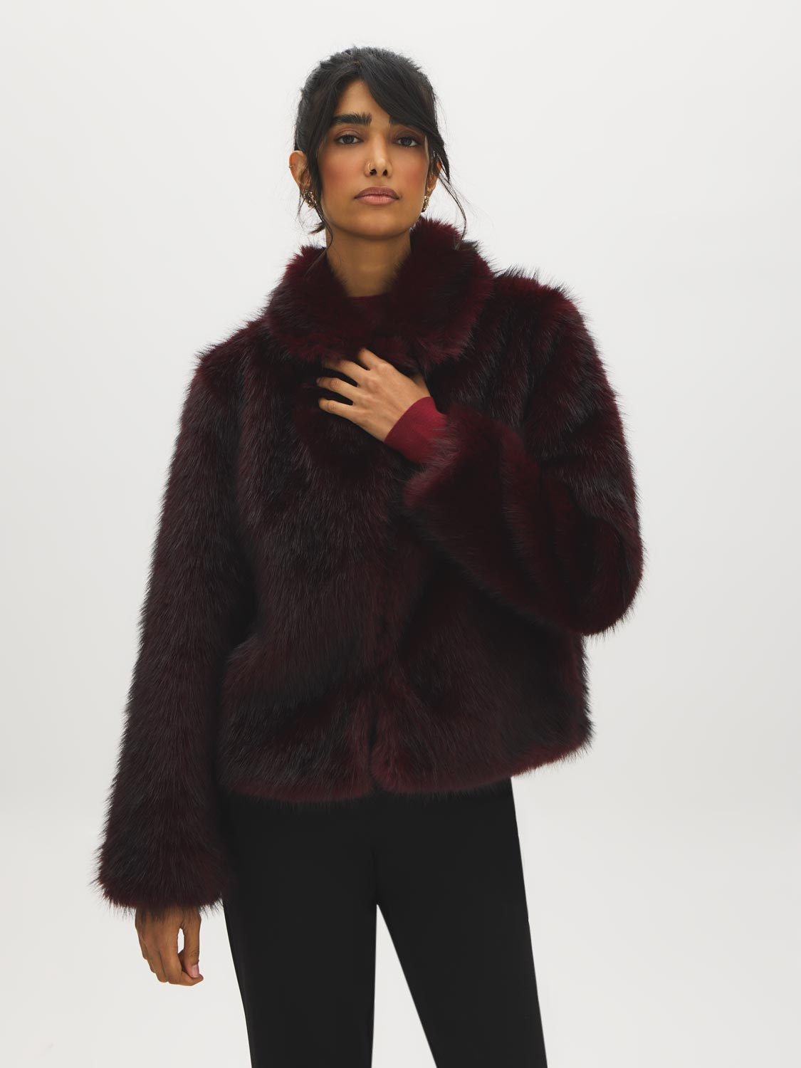 Brown Faux Fur Coat with Leather Detail - Alternate Color Front View - Suzy Shier