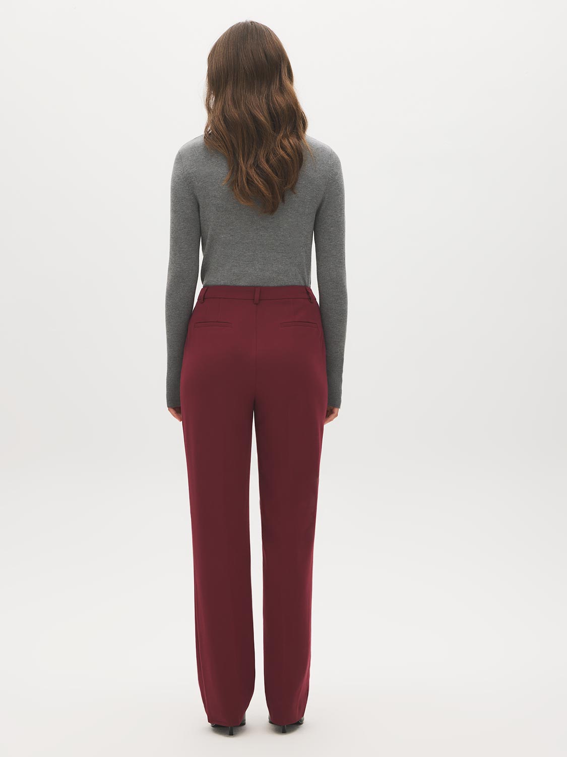Merlot Mid-Rise Straight Leg Trousers - Woman Wearing Tailored Office Pants - Suzy Shier
